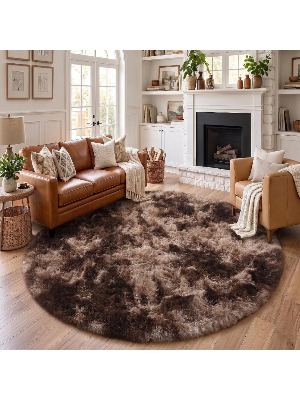 〽️Brown Tan Fluffy Shag Round Circle Rug 4Ft Bedroom Dorm Plush Fuzzy Carpet